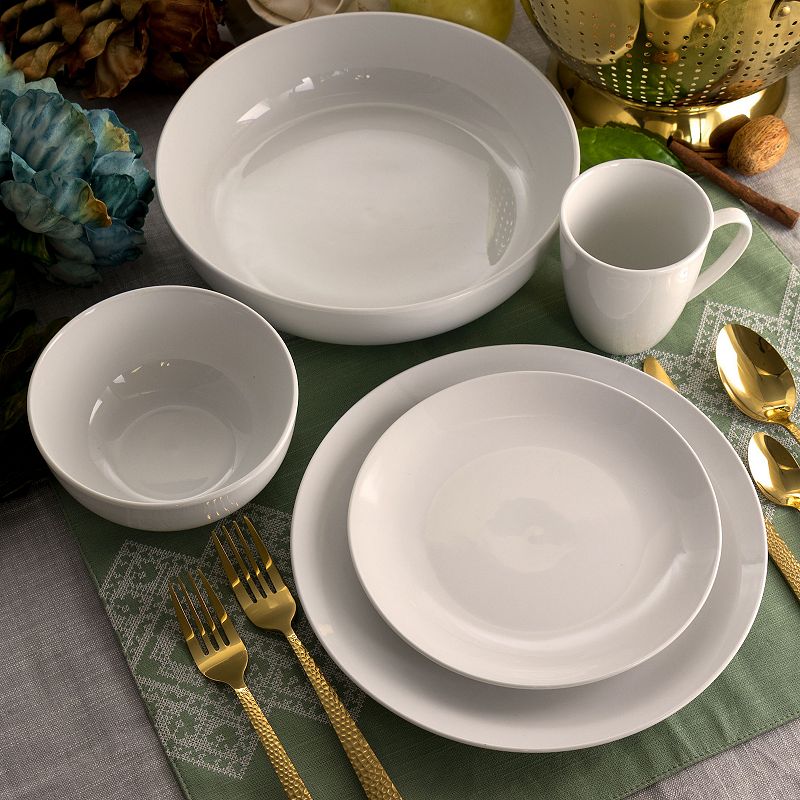 Elama Owen 18 Piece Porcelain Dinnerware Set with 2 Large Serving Bowls in White