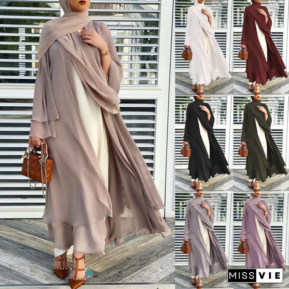 Women's Muslim A Line Long Sleeve Satin Prom Gown Kaftan Maxi Dress Spring Summer Coat Plus Size