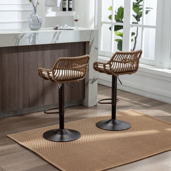 Swivel PE Rattan Bar Stools Set of 2 Adjustable Counter Height Chairs