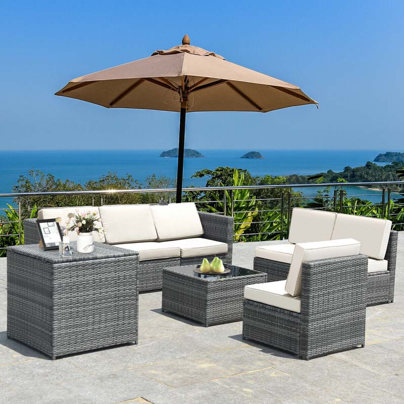 8 Pcs Rattan Patio Sectional Sofa Couch Set Outdoor Wicker Furniture Set with Storage Table & Cushions