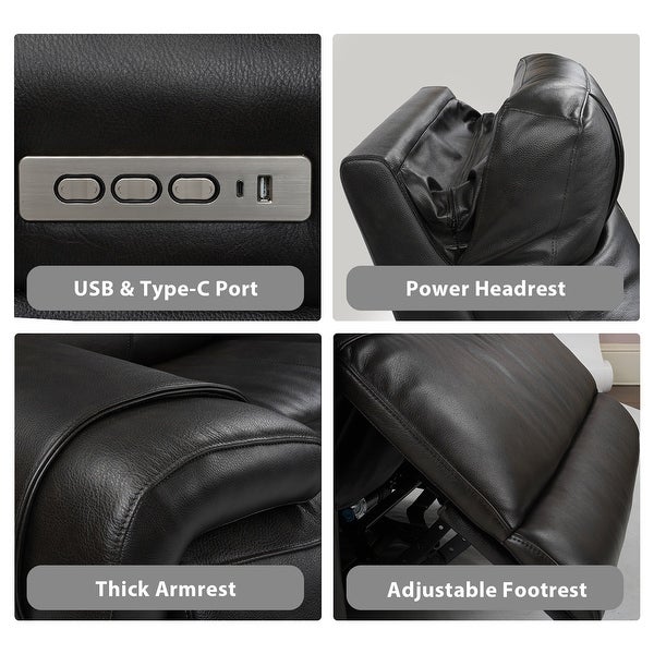 4 Seat Recliner Sofa Top Grain Leather Power Reclining Sofa with Storage Console， Adjustable Headrest