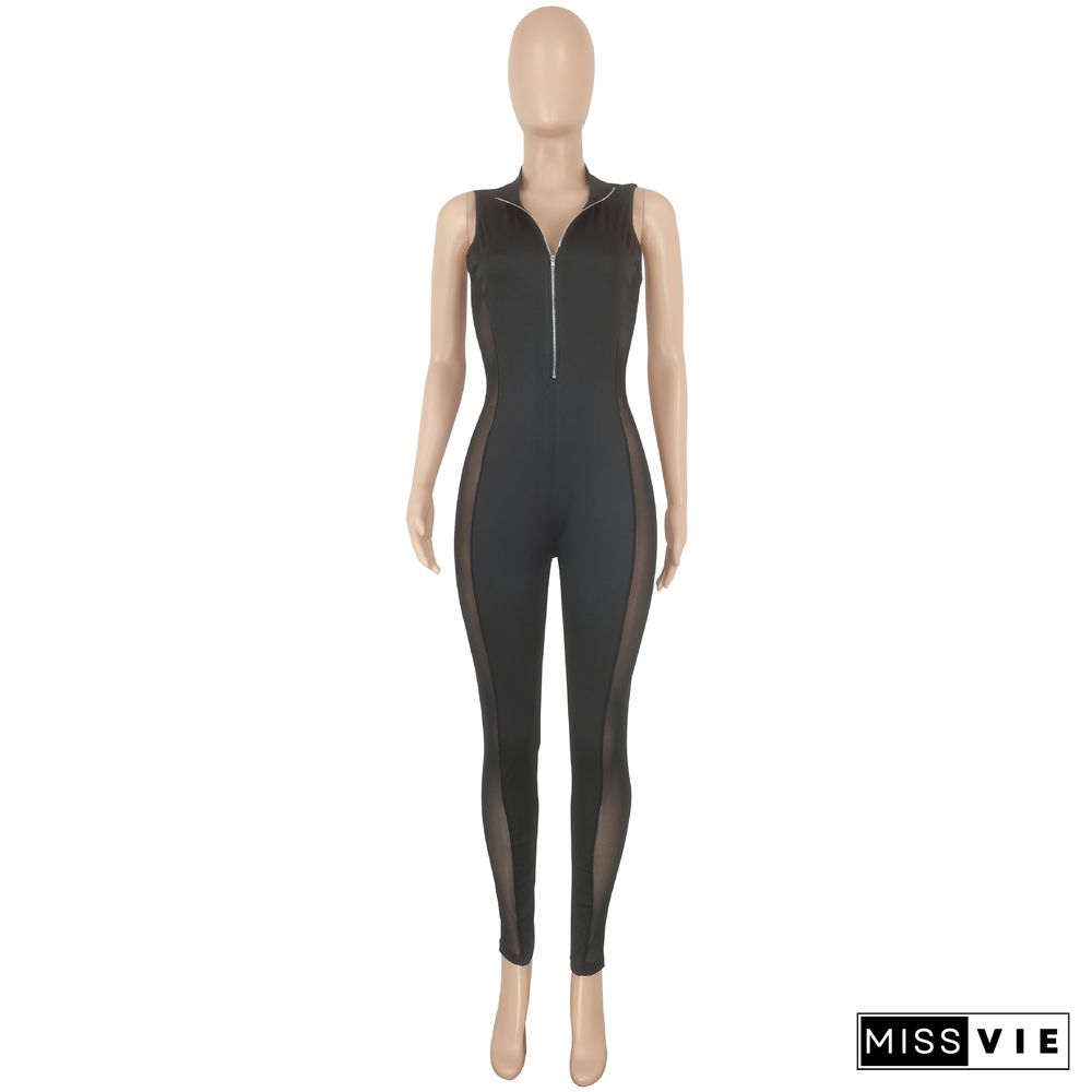 Sexy Skinny Fashion Side Mesh Gauze Jumpsuit