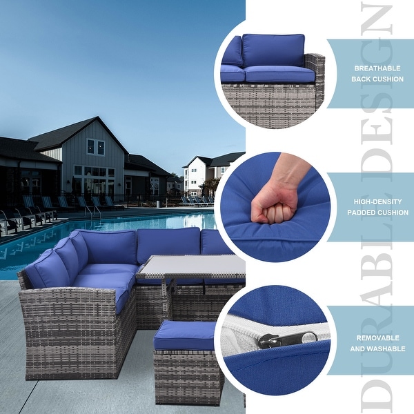 Patio Furniture Set，7 Pieces Sectional Conversation Sofa with Ottomans，All Weather，With Backrest and Removable Cushions