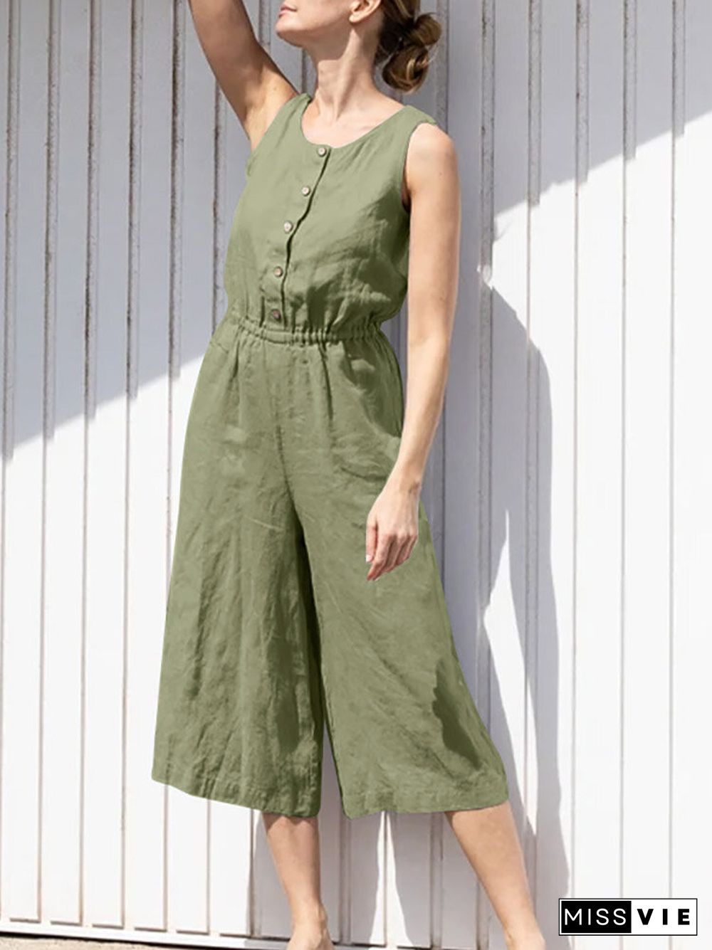 Solid Button Sleeveless Elastic Waist Wide Leg Jumpsuit