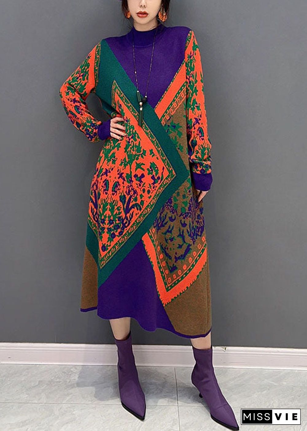 Women Purple Hign Neck Oversized Print Knit Sweater Dress Winter