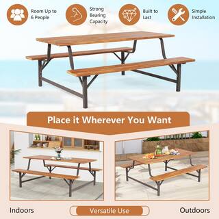 Costway Acacia Wood Outdoor Picnic Table Bench Set with 71 in. Tabletop 2 in. Umbrella Hole KC55465+