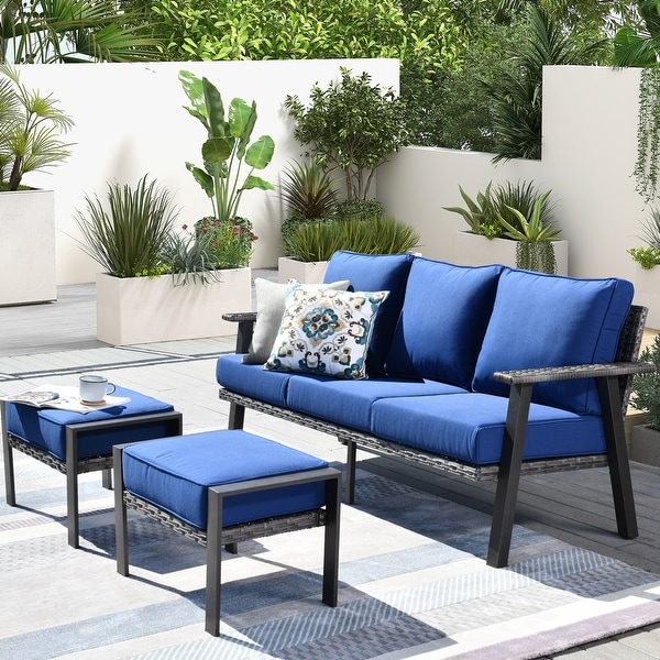 OVIOS Outdoor 3piece Wicker Sectional Sofa Set With Ottoman Steel Frame