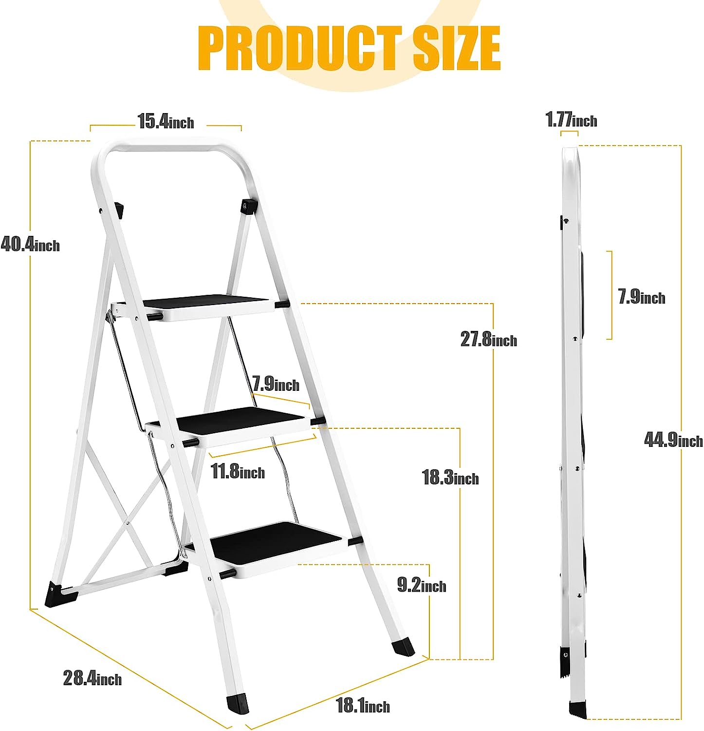 3 Step Ladder, Folding Step Stool with Wide Anti-Slip Pedal, 500lbs Sturdy Steel Ladder, Convenient Handgrip, Lightweight, Portable Steel Step Stool, Black