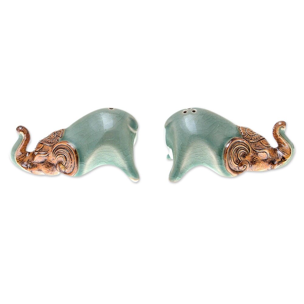 Handmade Crouching Elephants In Green Celadon Ceramic Salt And Pepper Shakers (Pair) Thailand   2\