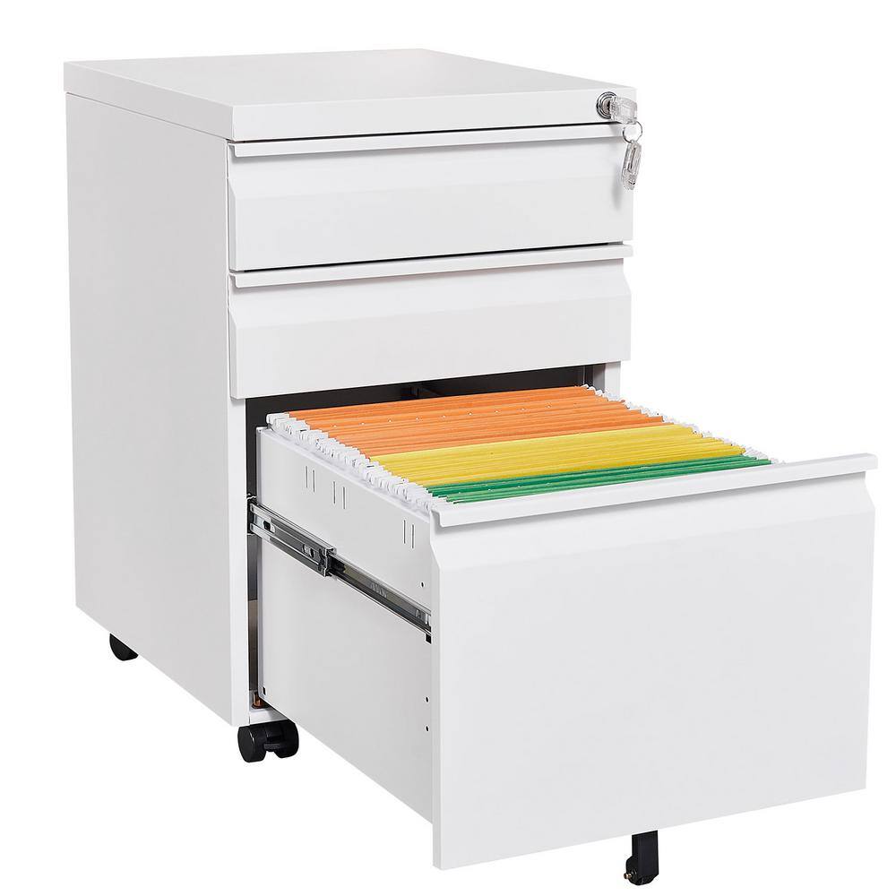 URTR White 3-Drawer Mobile File Cabinet Under Desk Metal Rolling Filing Cabinet with Lock for LegalLetterA4 File T-02023-4