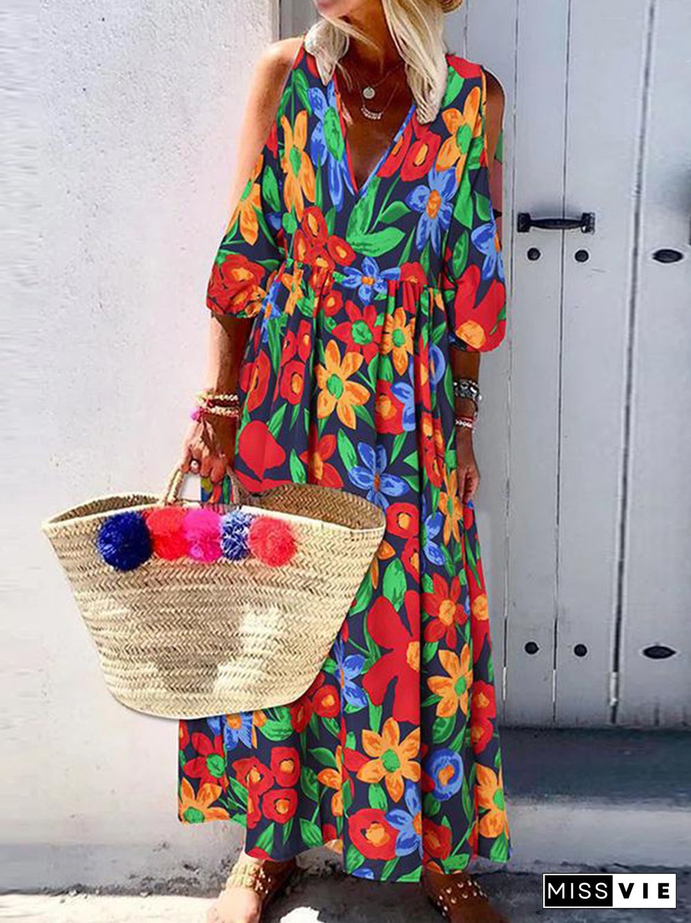 Colorful Print Pattern Casual Beach Swing Women Dresses Midi Sleeve Off Shoulder Loose Waist Dress Sexy V-Neck Boho Dress Summer