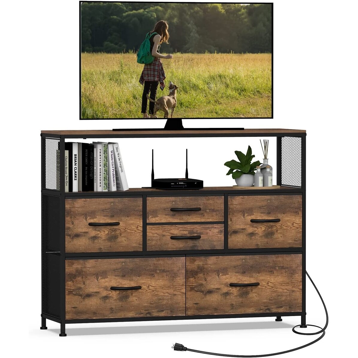 TV Stand with Power Outlet and Fabric Drawers Entertainment Center for TV up to 45 inch Industrial Open Storage Shelf - Brown