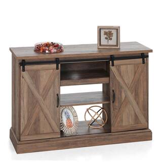 PHI VILLA 47 in. Rustic Barnwood Sliding Double Barn Door Electric Fireplace TV Stand THD-IF-490-18