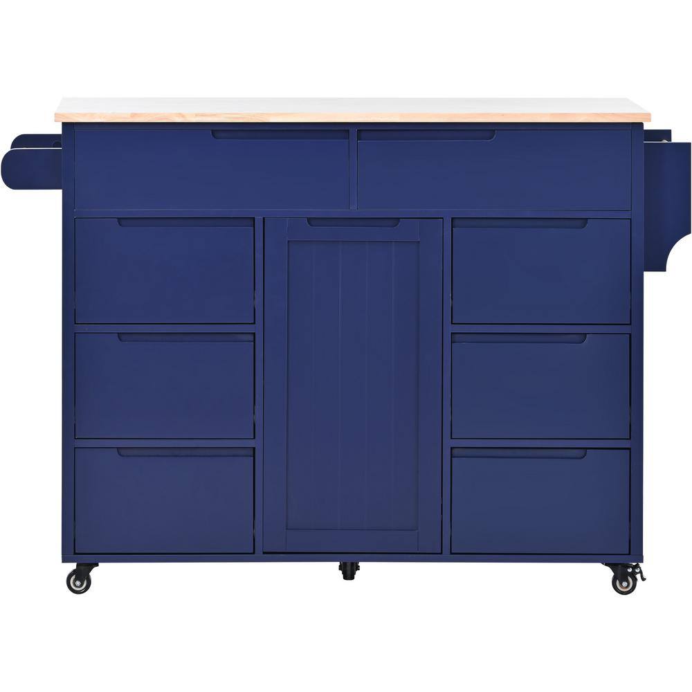 Siavonce Blue Rubber Wood 18.50 in. W Kitchen Island Cart with 8 Handle-Free Drawers Including a Flatware Organizer and 5 Wheels DJ-ZX-SK000002AAG