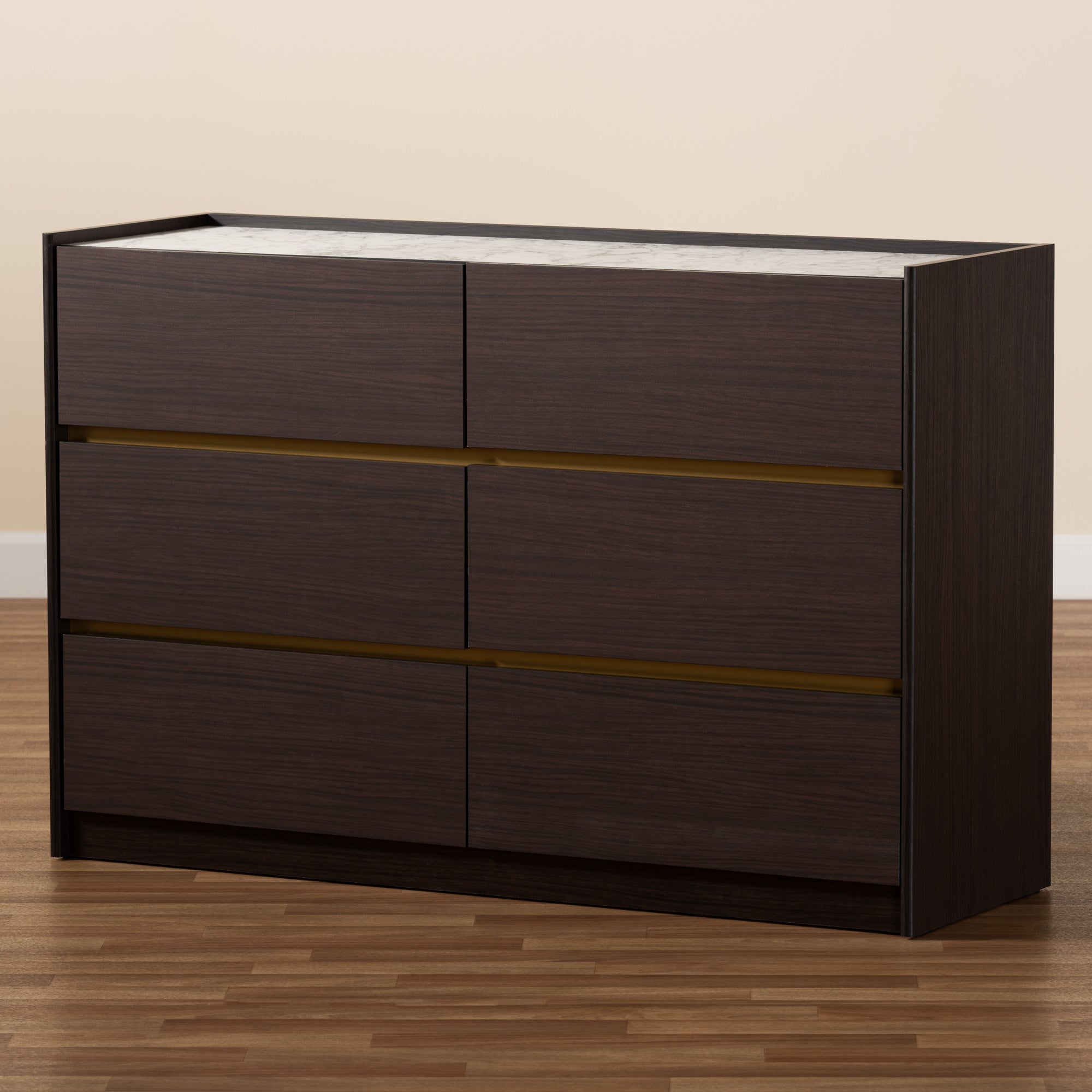 Baxton Studio Walker Modern and Contemporary Dark Brown and Gold Finished Wood 6-Drawer Dresser with Faux Marble Top