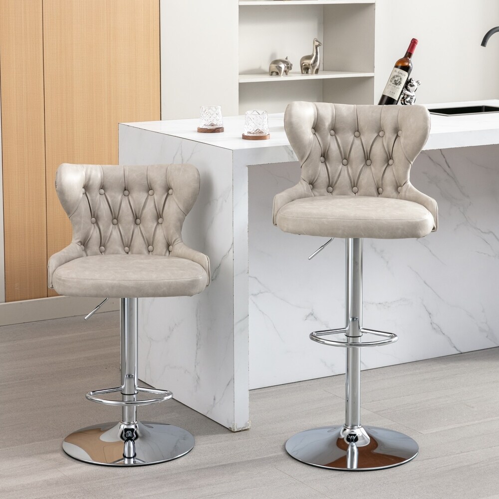 Set of 2 Swivel Upholstered Adjustable Height Tufted Bar Stools with Back