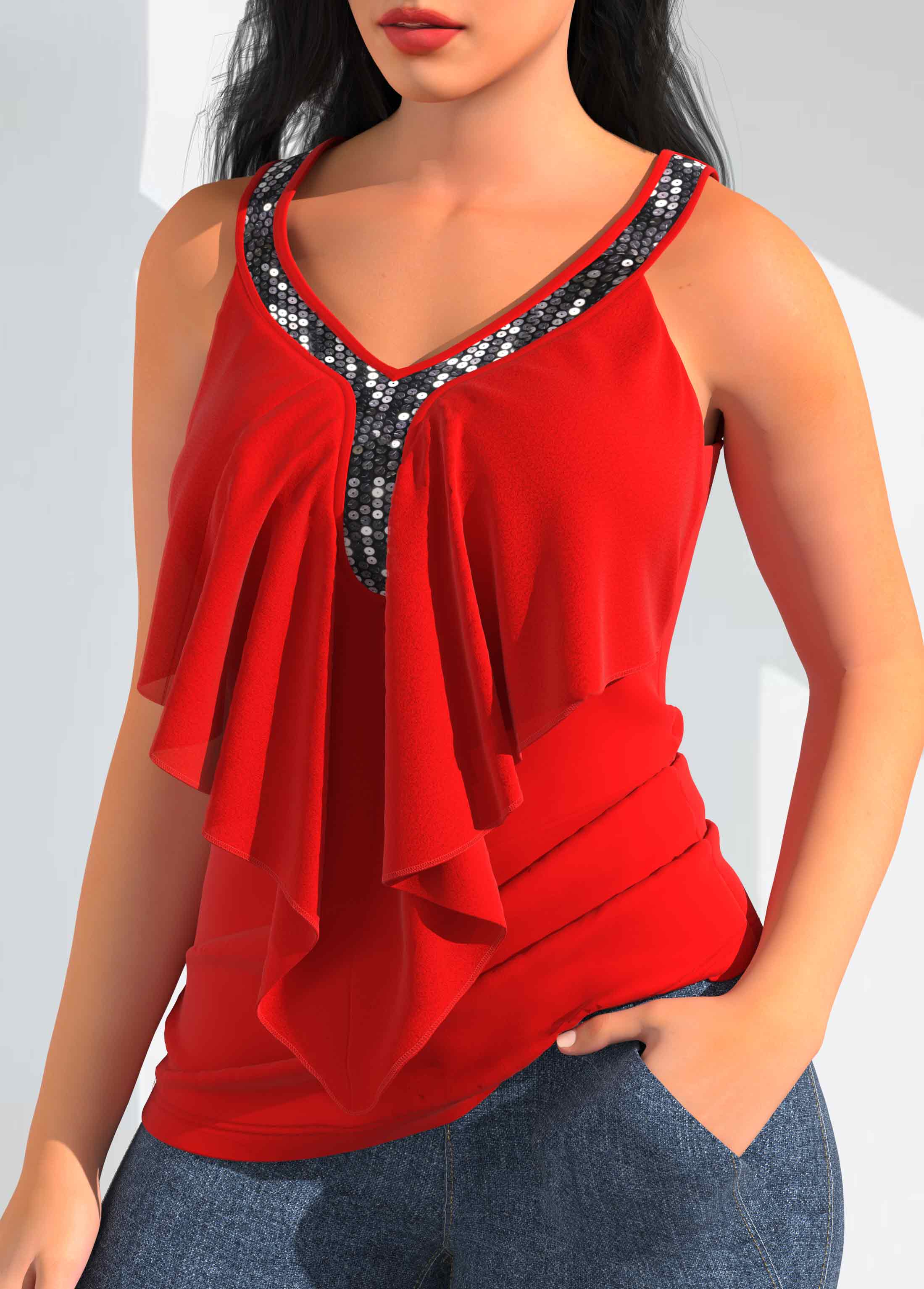 Red Sequin Detail Flounce Tank Top