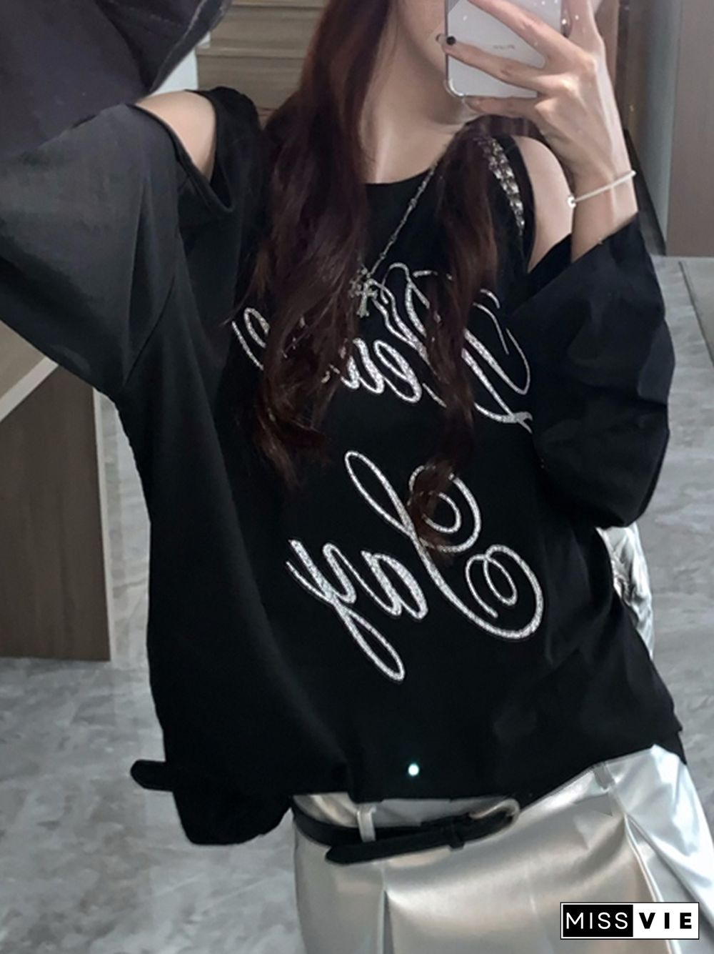 Cold Shoulder Letter Print Oversized Long Sleeve Tee