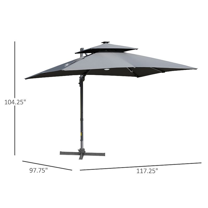 Outsunny 10ft Solar LED Cantilever Umbrella， Offset Hanging Umbrella with 360▲Rotation， Cross Base， 8 Ribs， Tilt and Crank for Yard， Garden and Poolside， Grey