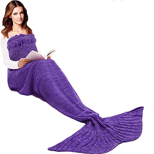 JR.WHITE Mermaid Tail Blanket for Kids, Hand Crochet Snuggle Mermaid, All Seasons Seatail Sleeping Bag Blanket (Dark Purple)