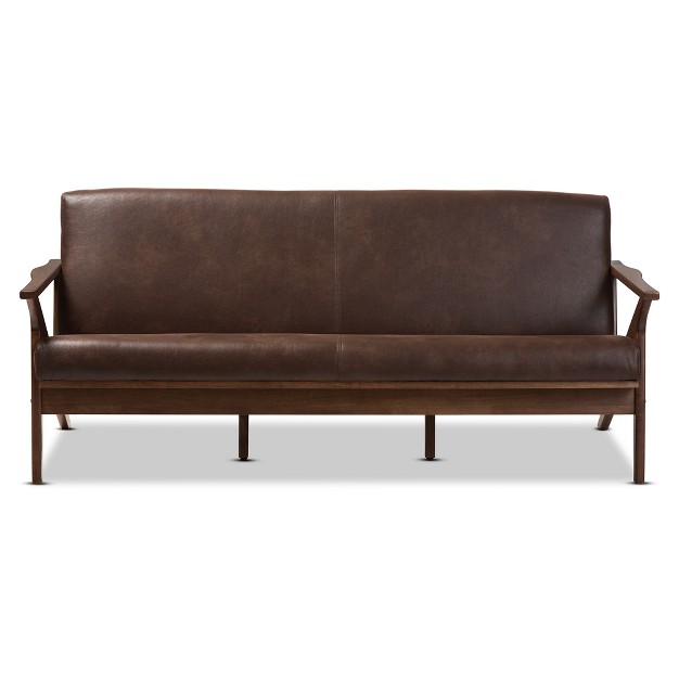 Bianca Mid modern Walnut Wood Distressed Faux Leather 3 Seater Sofa Dark Brown Baxton Studio