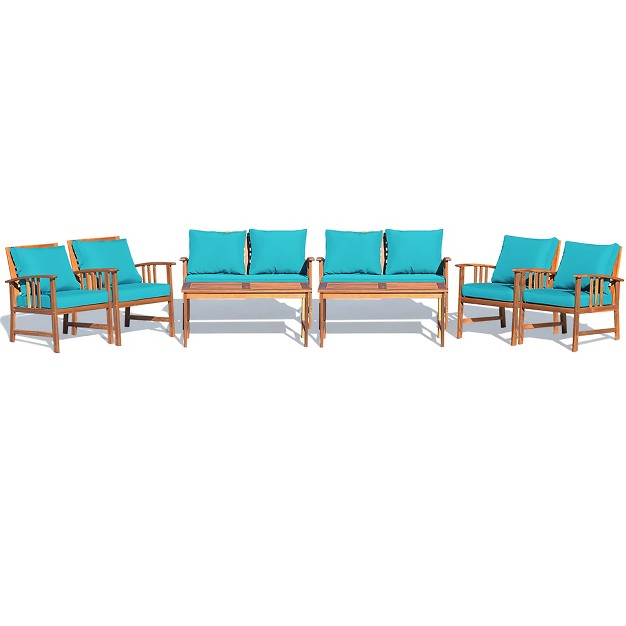 Costway 8pcs Wooden Patio Furniture Set Table Sofa Chair Cushioned Garden Turquoise