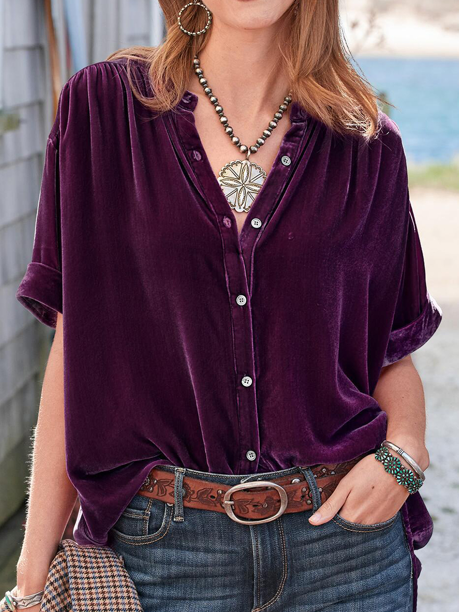 Velvet Solid Color Short Sleeve Round Neck Blouse