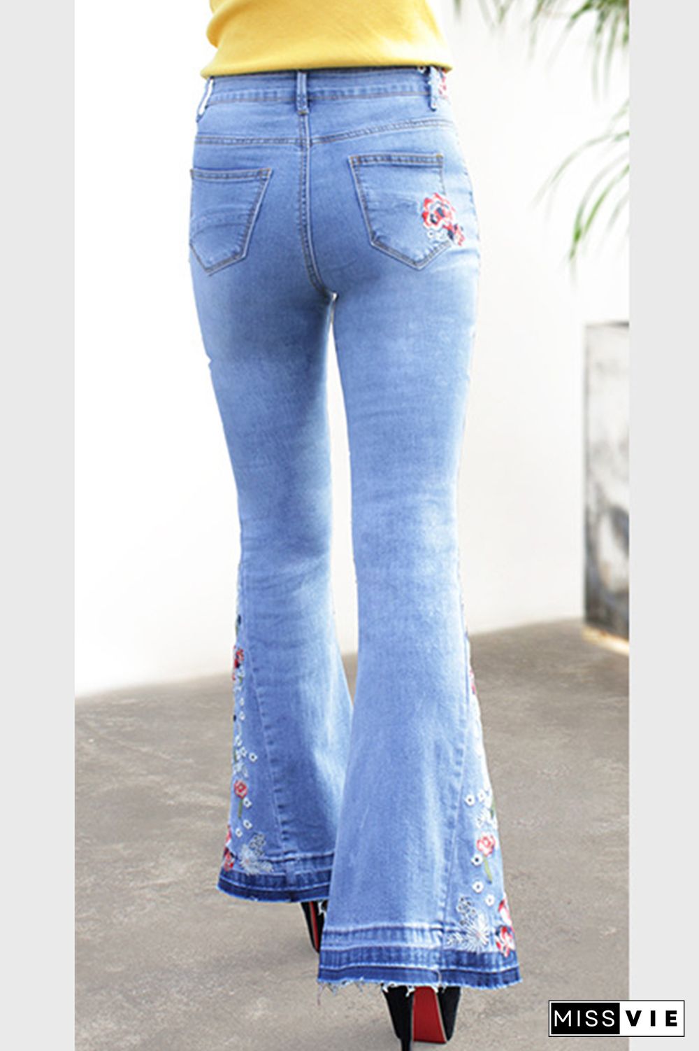 Bleach Embroidered Side Bell Bottom Flared Jeans Wholesale Boutique