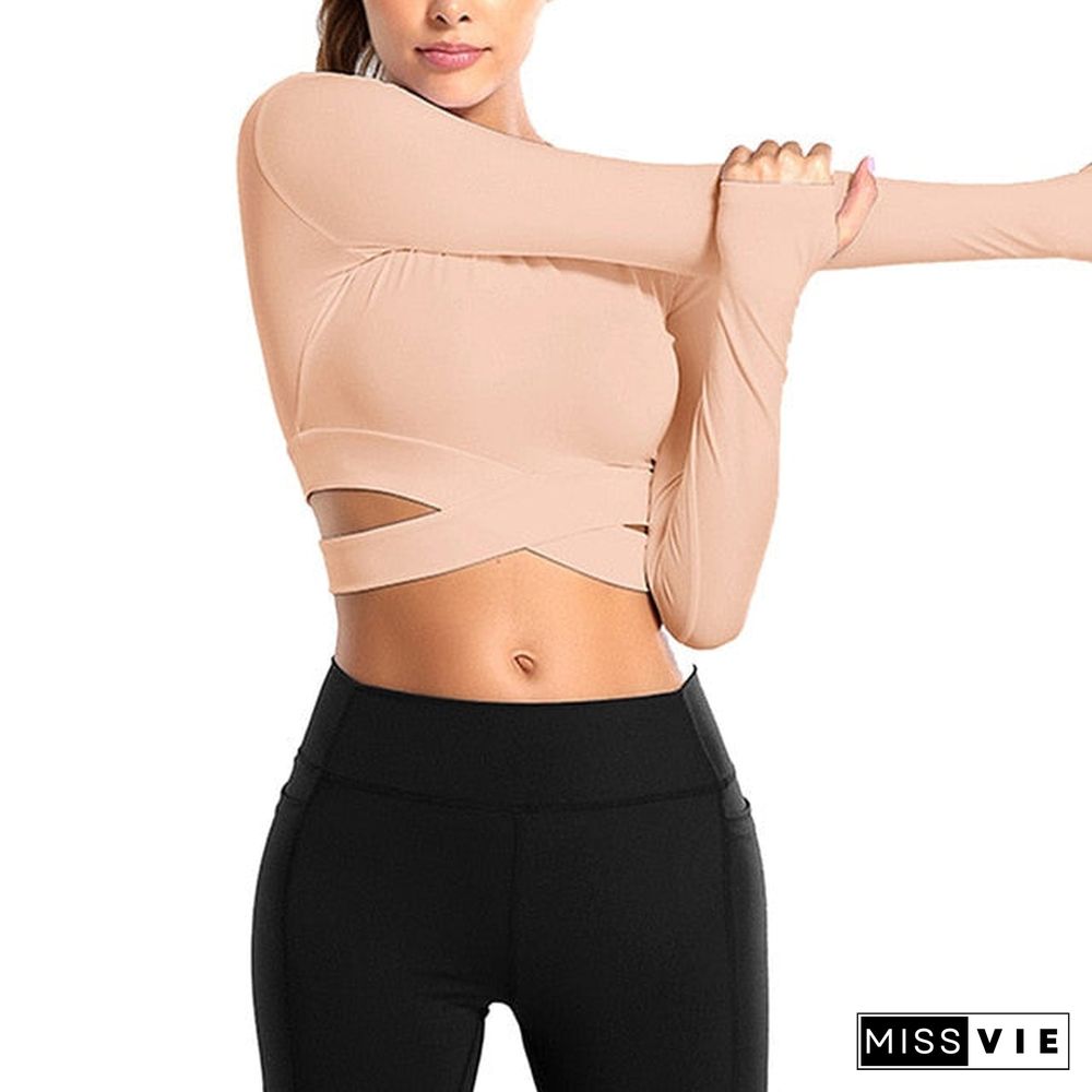 Women Long Sleeve Running Shirts Sexy Exposed Navel Yoga T-Shirts Solid Sports Shirts Quick Dry Fitness Gym Crop Tops Sport Wear