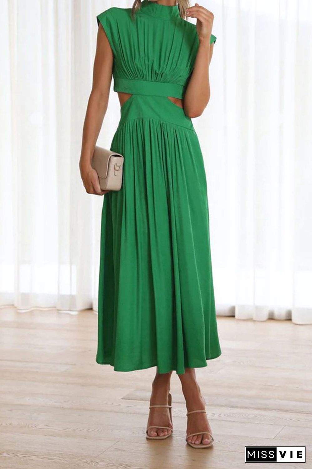 Plain Frilled High Collar Cut Out Waist Maxi Dress