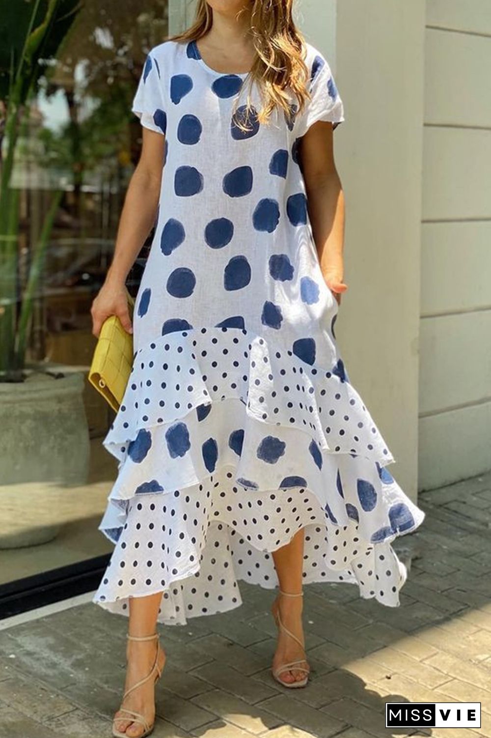 Casual Dot Flounce O Neck Cake Skirt Dresses(5 Colors)