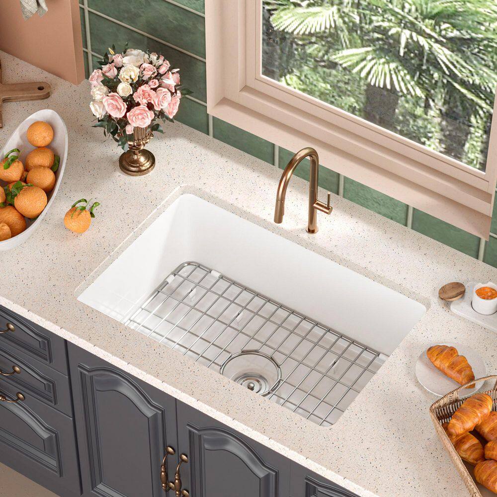 DEERVALLEY Glen White Fireclay Rectangular 27 in. Single Bowl Undermount Kitchen Sink with Bottom Grid and Basket Strainer DV-1K509