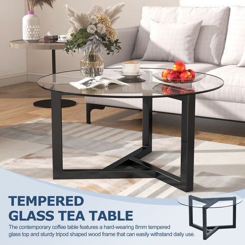 Round Glass Coffee Table for Living Room, Sofa Table Cocktail Table with Tempered Glass Top & Sturdy Wood Base，Black