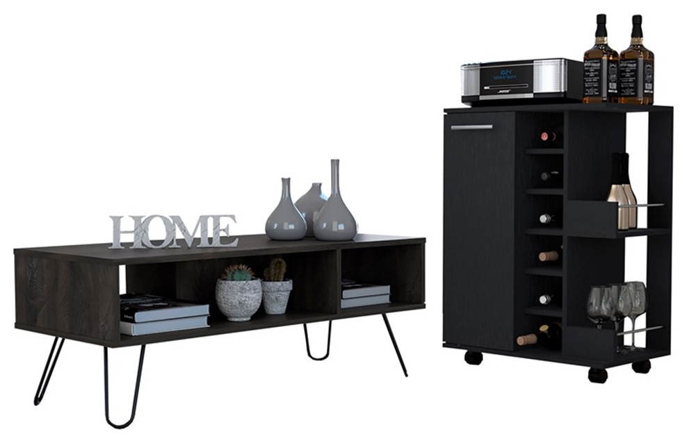 Vassel  2 Piece Living Room Set  Bar Cart  and Coffee Table  Black Espresso   Midcentury   Living Room Furniture Sets   by Homesquare  Houzz