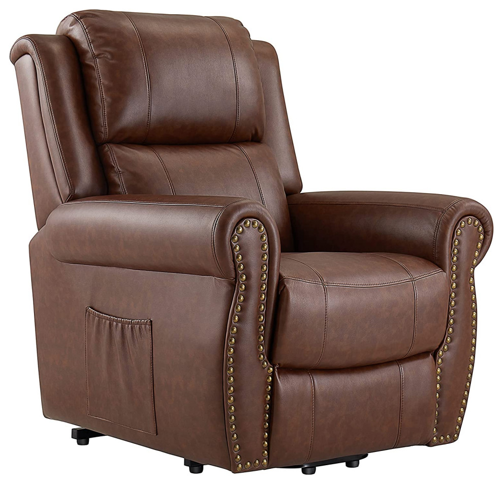 Contemporary Power Lift Recliner  Breathable Air Leather Upholstery  Brown   Transitional   Recliner Chairs   by Decorn  Houzz