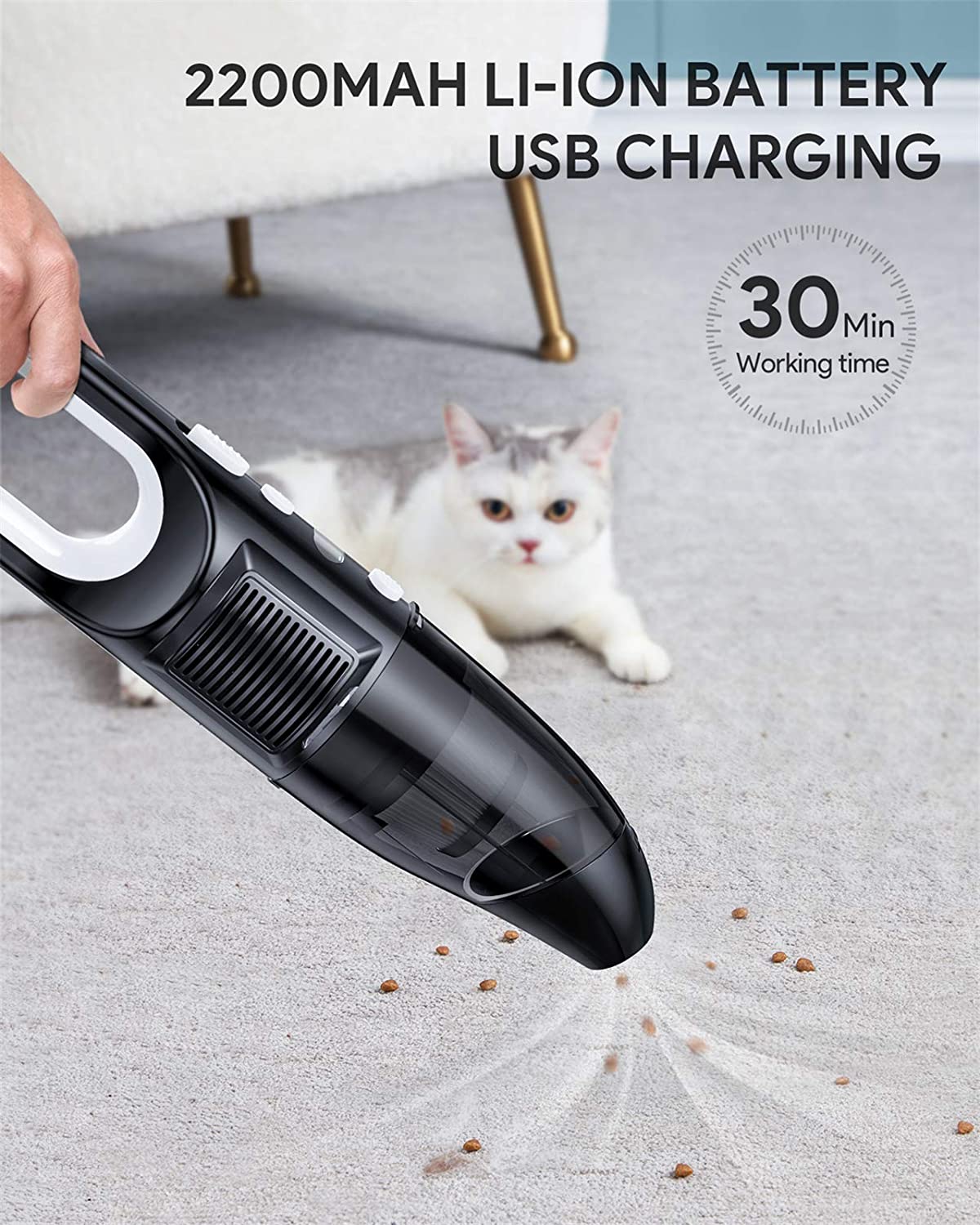 Handheld Vacuum, Cordless Car Vacuum Cleaner with 6KPa Strong Suction and 120W High Power