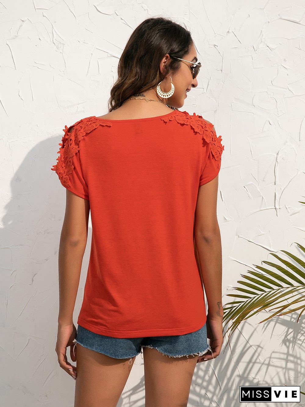 Shoulder Cutout Lace Sleeve Shirt