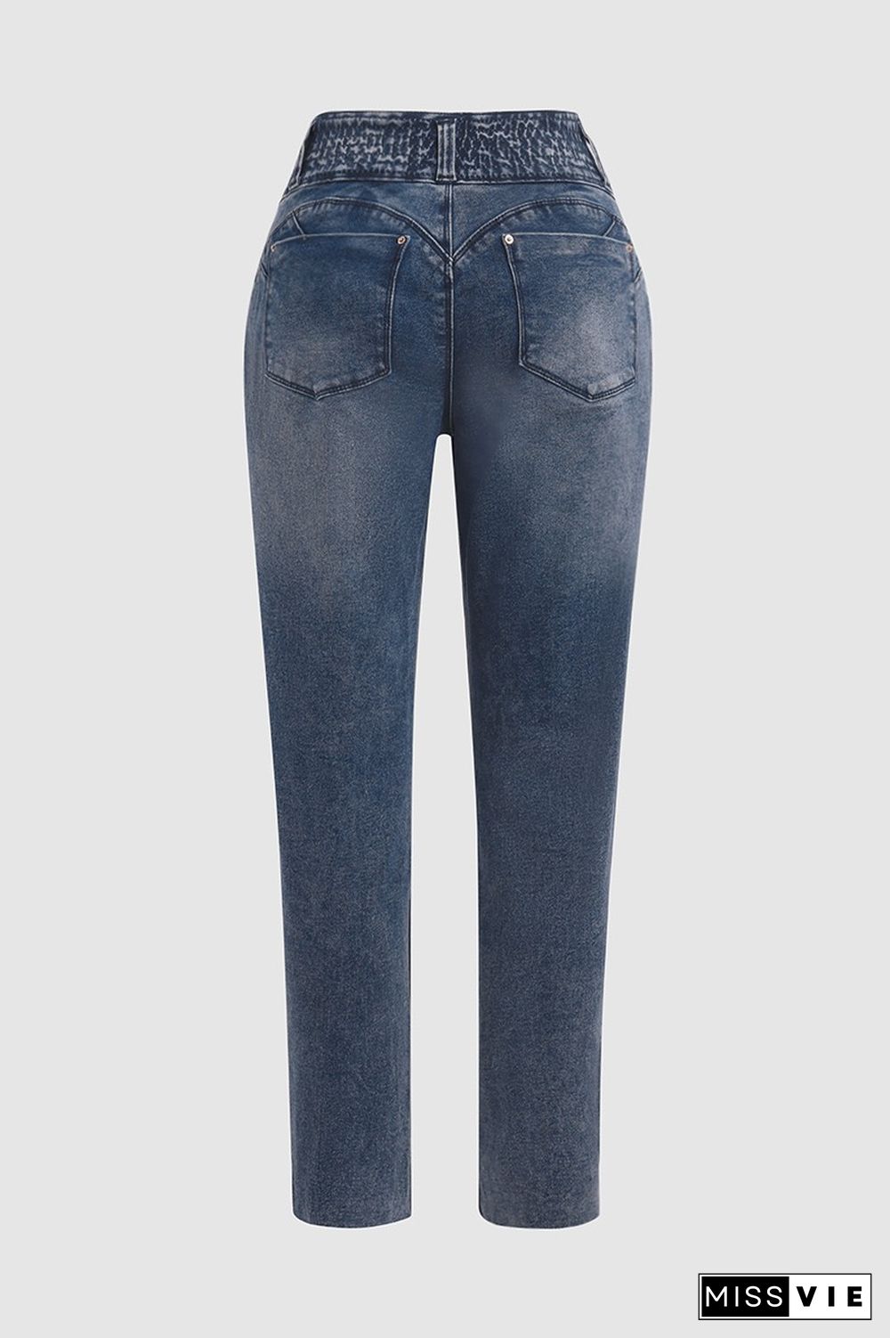 Button Detail Shirred Mid Waist Skinny Jeans