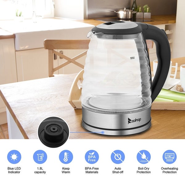 1.8L 1100W Stainless Steel Glass Electric Kettle with Blue Light