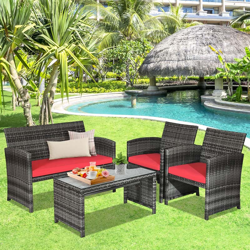 4 Pcs Rattan Wicker Patio Furniture Sets, Outdoor Conversation Sets with Loveseat, Table, Single Sofas