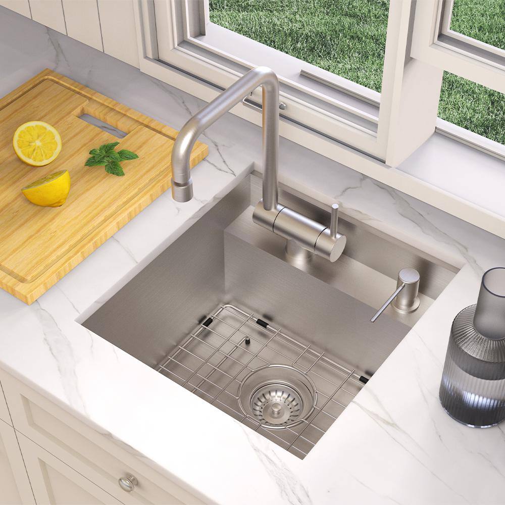 Glacier Bay Zero Radius Undermount 18G Stainless Steel 15 in. Single Bowl Workstation Bar Sink with Stainless Steel Faucet 4333F