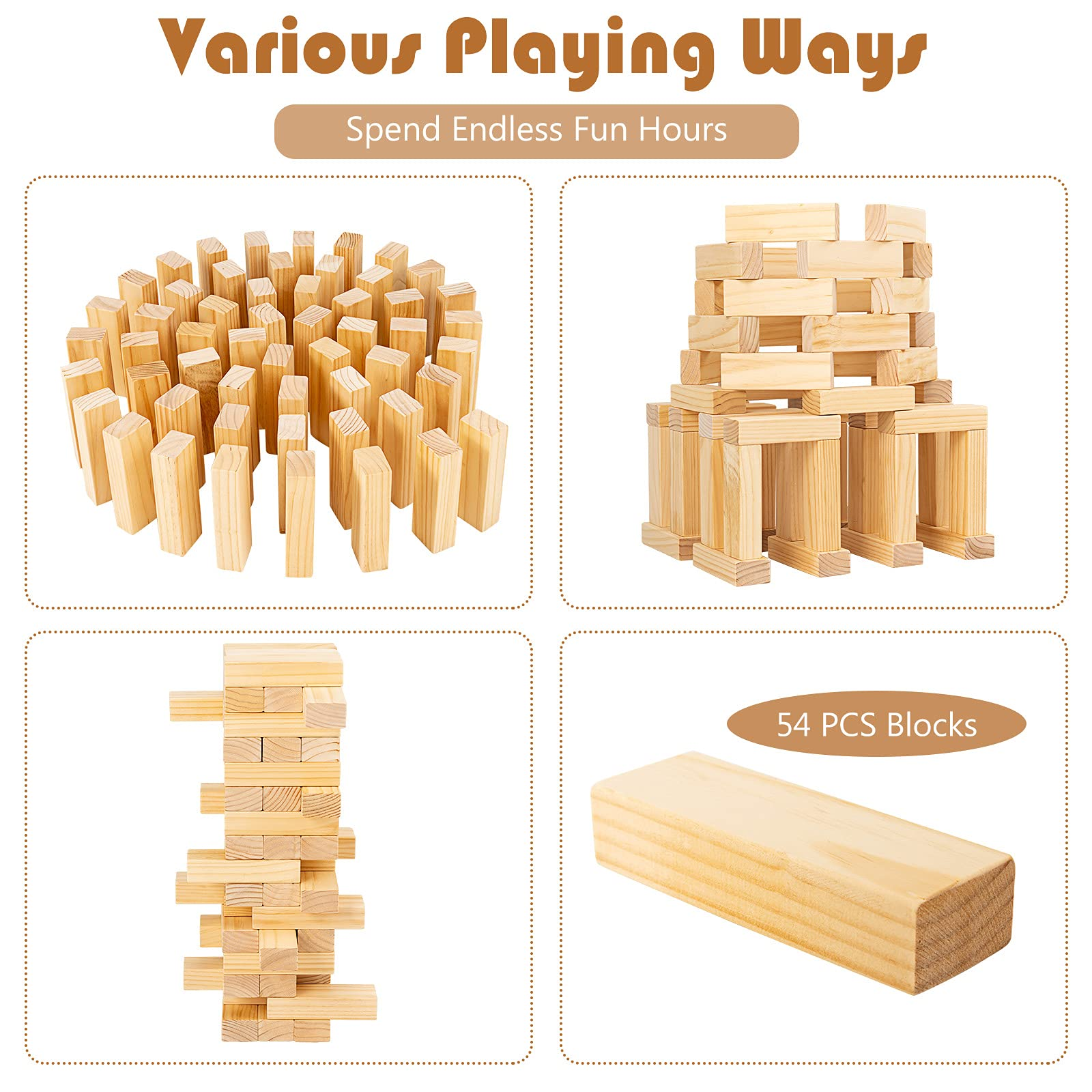 Costzon Giant Tumbling Timber Toy, 54PCS Pine Wooden Block Stacking Game w/ Carrying Bag