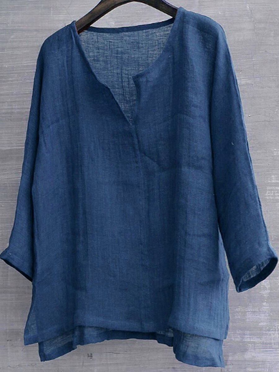 Cotton And Linen Solid Color V-Neck Blouse