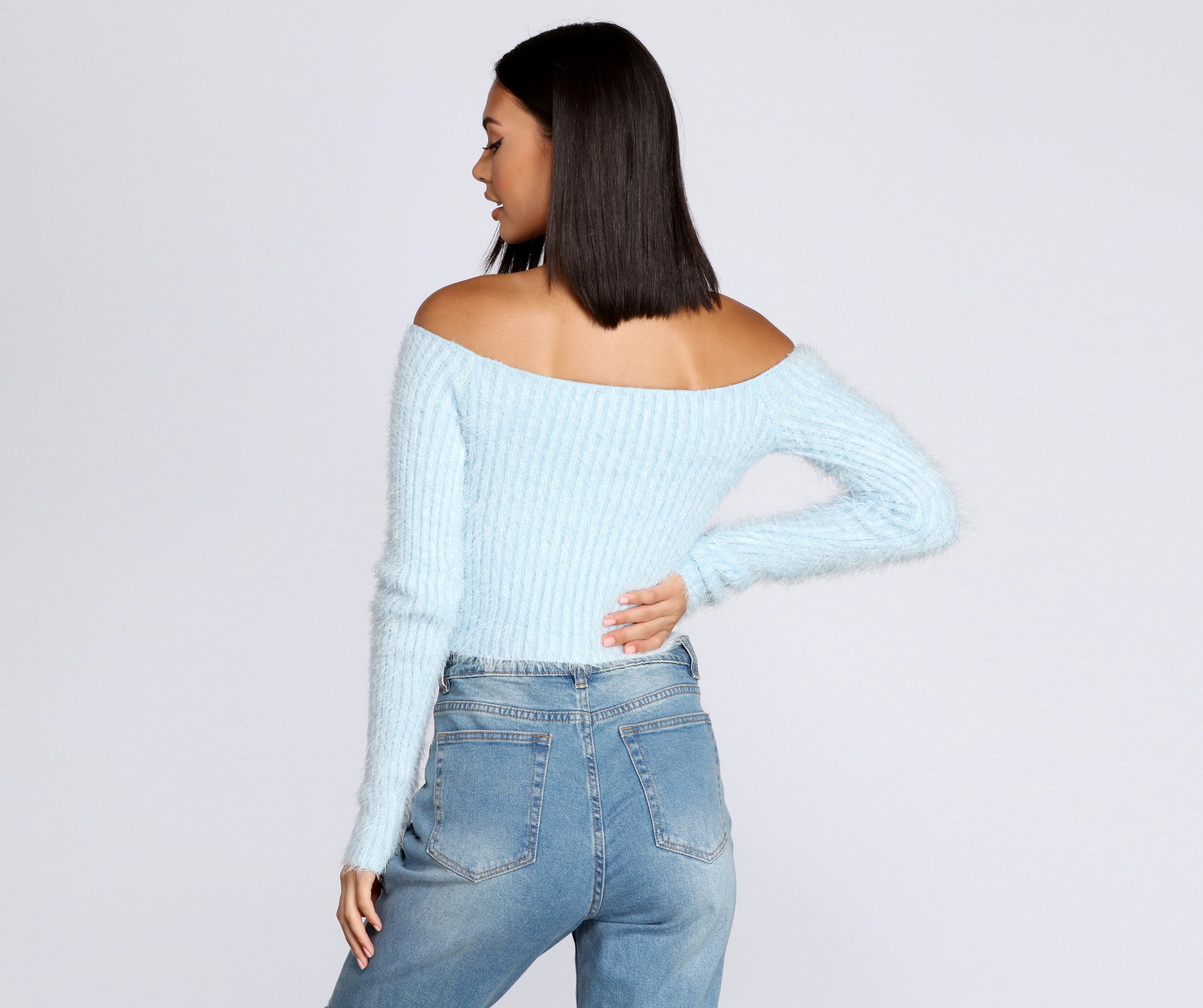 Off The Shoulder Eyelash Knit Top