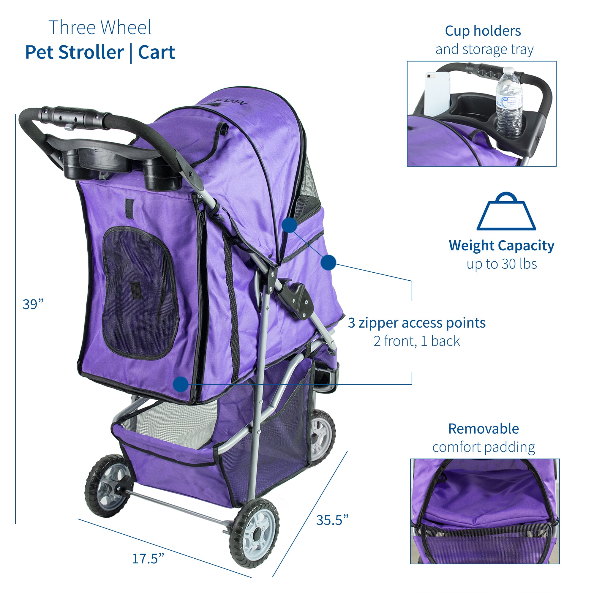 VIVO Purple 3 Wheel Pet Stroller / Cat and Dog Foldable Carrier Strolling Cart