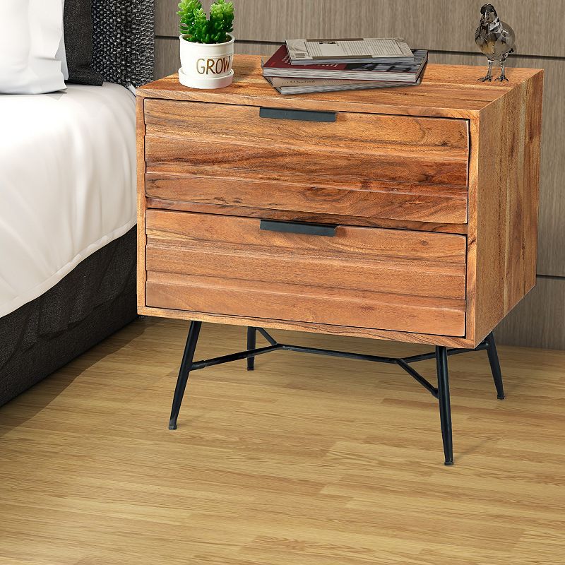 2 Drawer Wooden Nightstand with Metal Angled Legs， Black and Brown