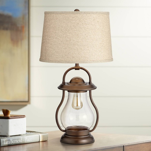 Tall Bronze Lantern With Led Nightlight Burlap Drum Shade For Bedroom Bedside Office Home