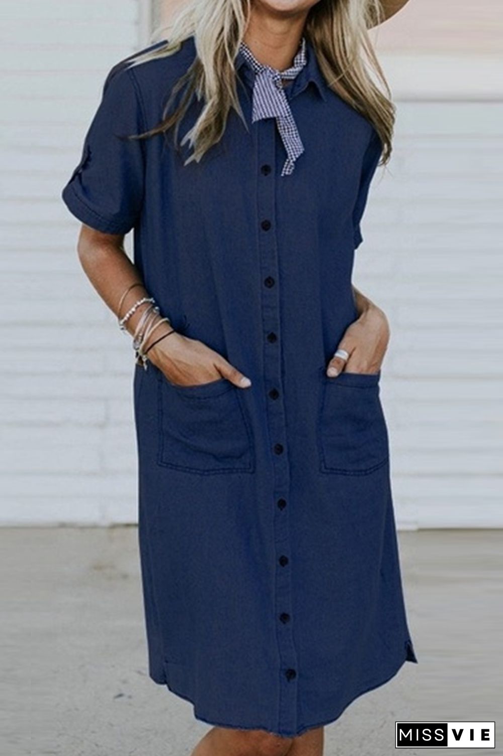 Casual Pocket Buckle Turndown Collar Dresses