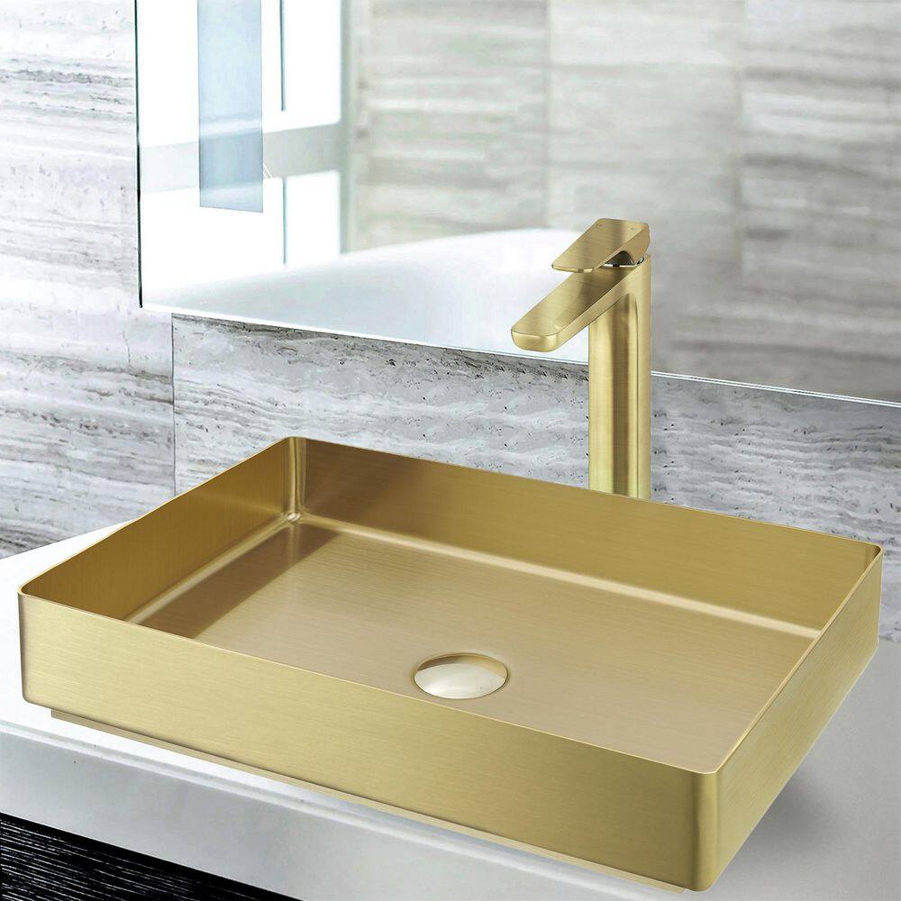 AKDY Gold Stainless Steel Rectangular Bathroom Vessel Sink with High Arc Faucet BS003-3-3-4