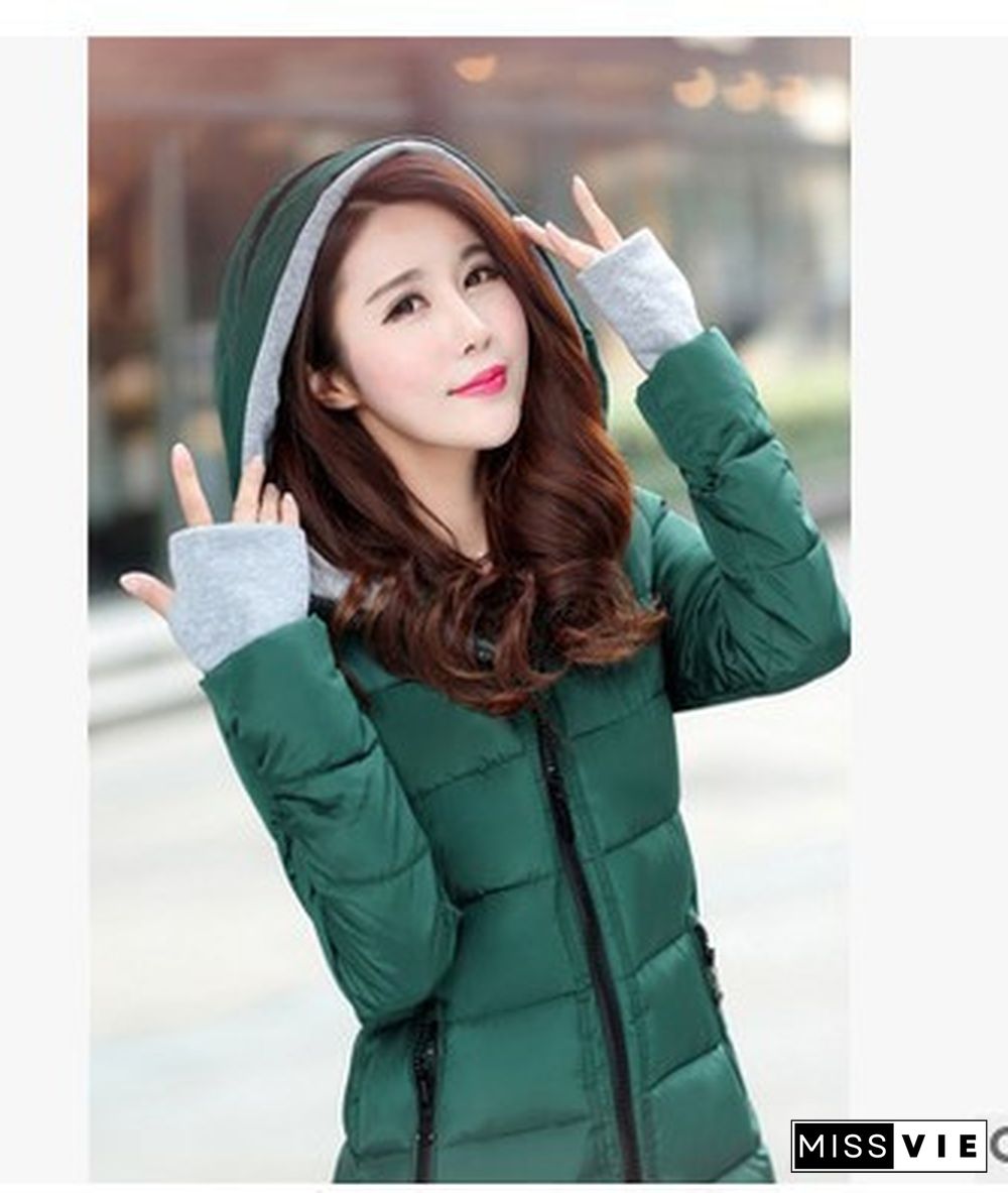 Fall/winter Women's Down and Down Padded Jacket Slim Mid-length Warm Padded Jacket with Hooded Gloves